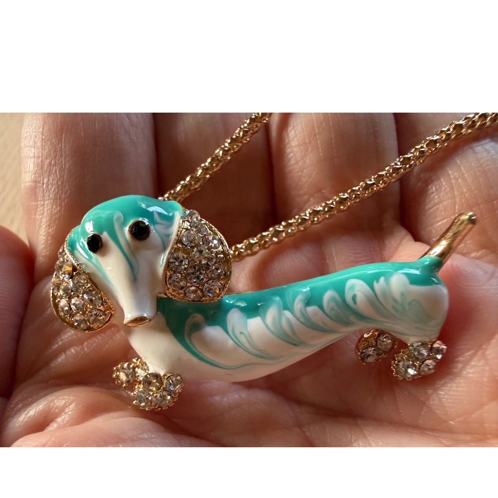 Betsey Johnson Dachshund Necklace Teal Enamel Crystal Dog Pendant Brooch NWT